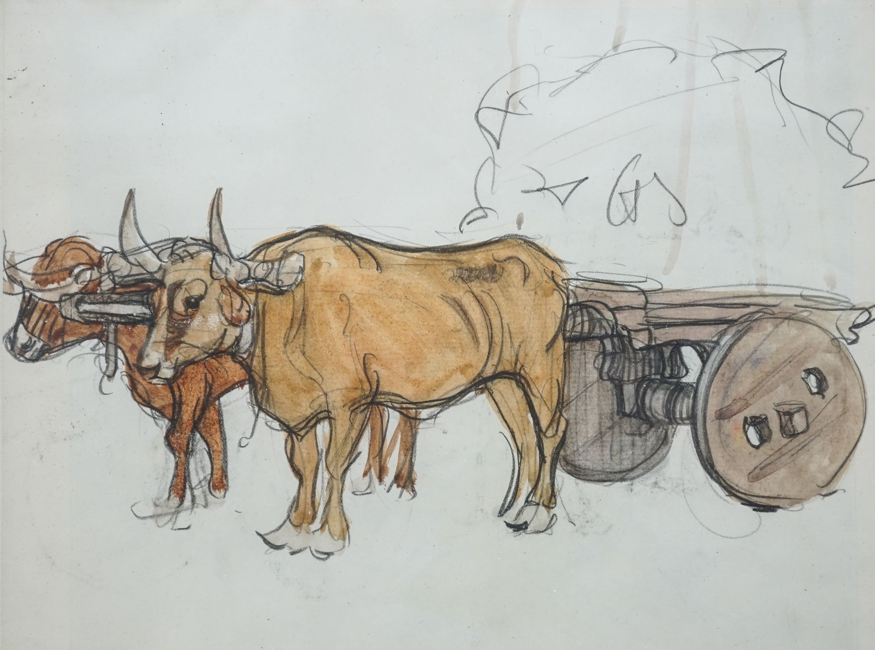 English School, watercolour and pencil, Study of a bullock cart, a similar sketch verso, 18 x 25cm